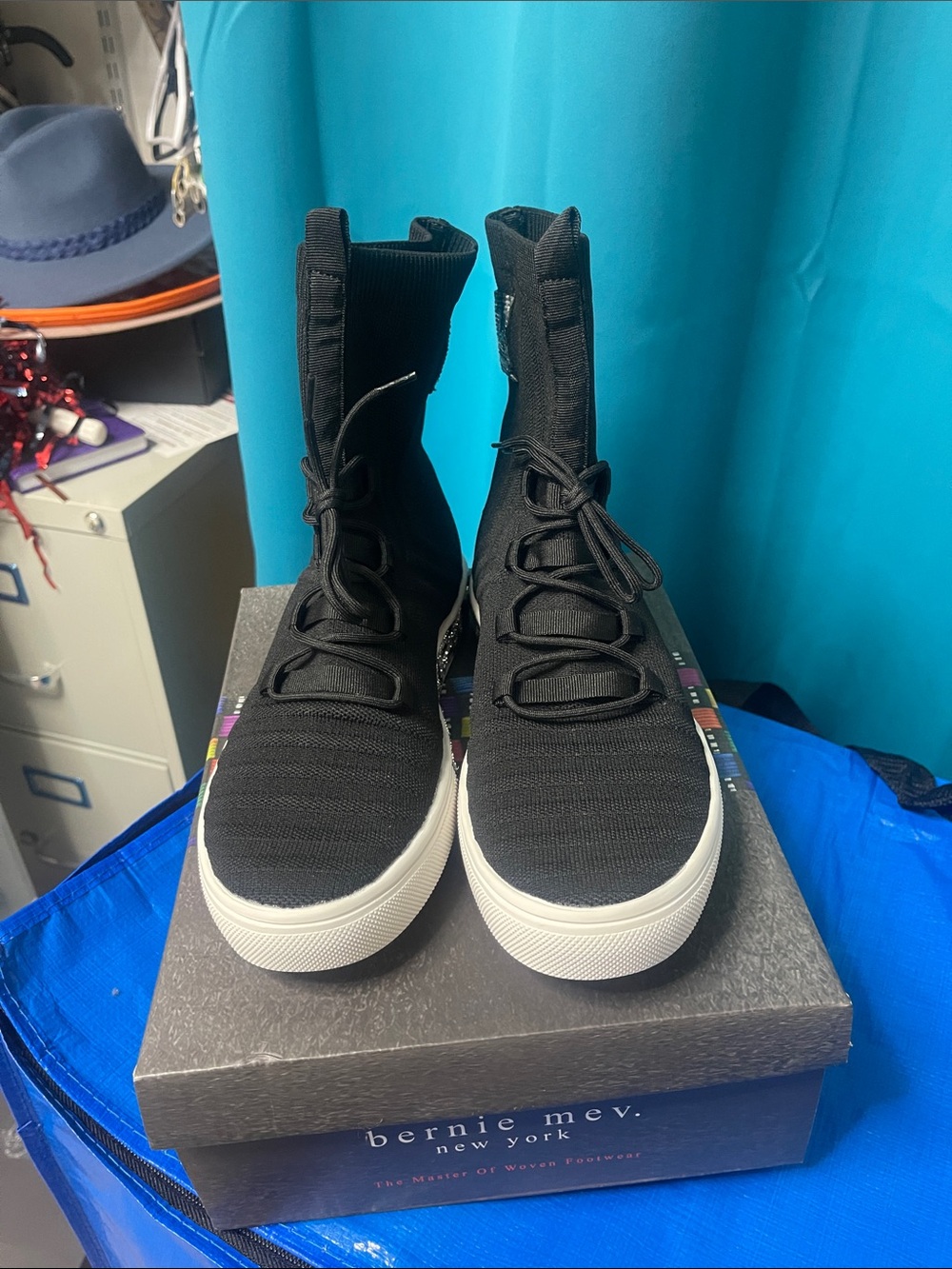 bernie mev. Black Knit High-Top Lace-Up Sneakers with White Sole